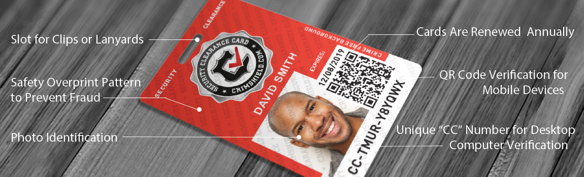 Security Clearance Card detail — lanyard slot, safety overprint pattern, photo ID, QR code verification and unique CC number